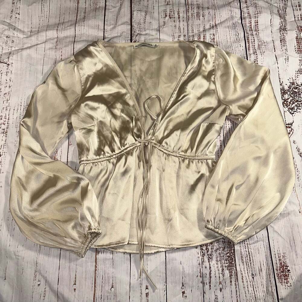 Abercrombie & Fitch Champagne Satin Tie-Front Long Sleeve Blouse